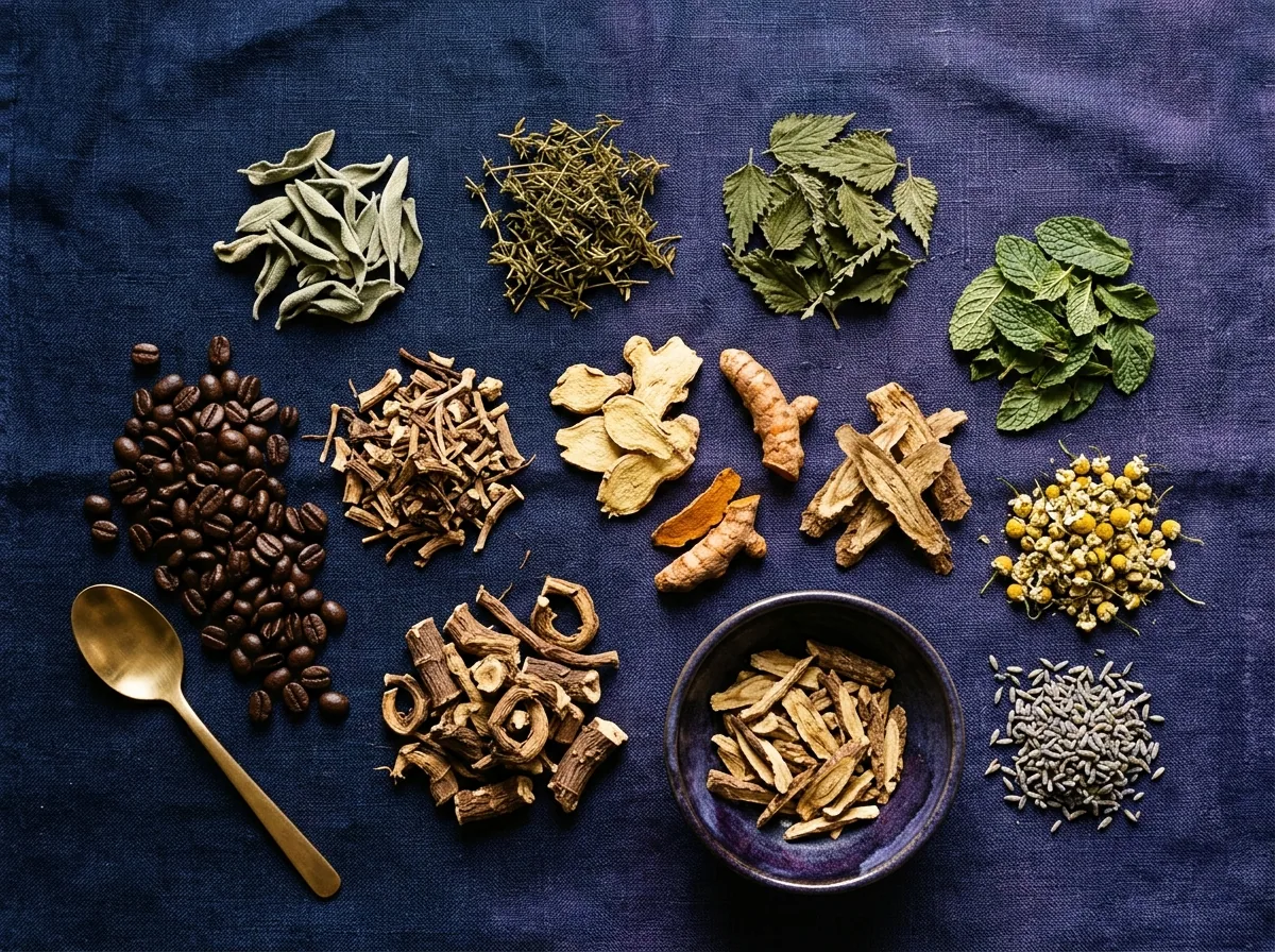 Dried herbal leaves, coffee beans and root extracts flat lay