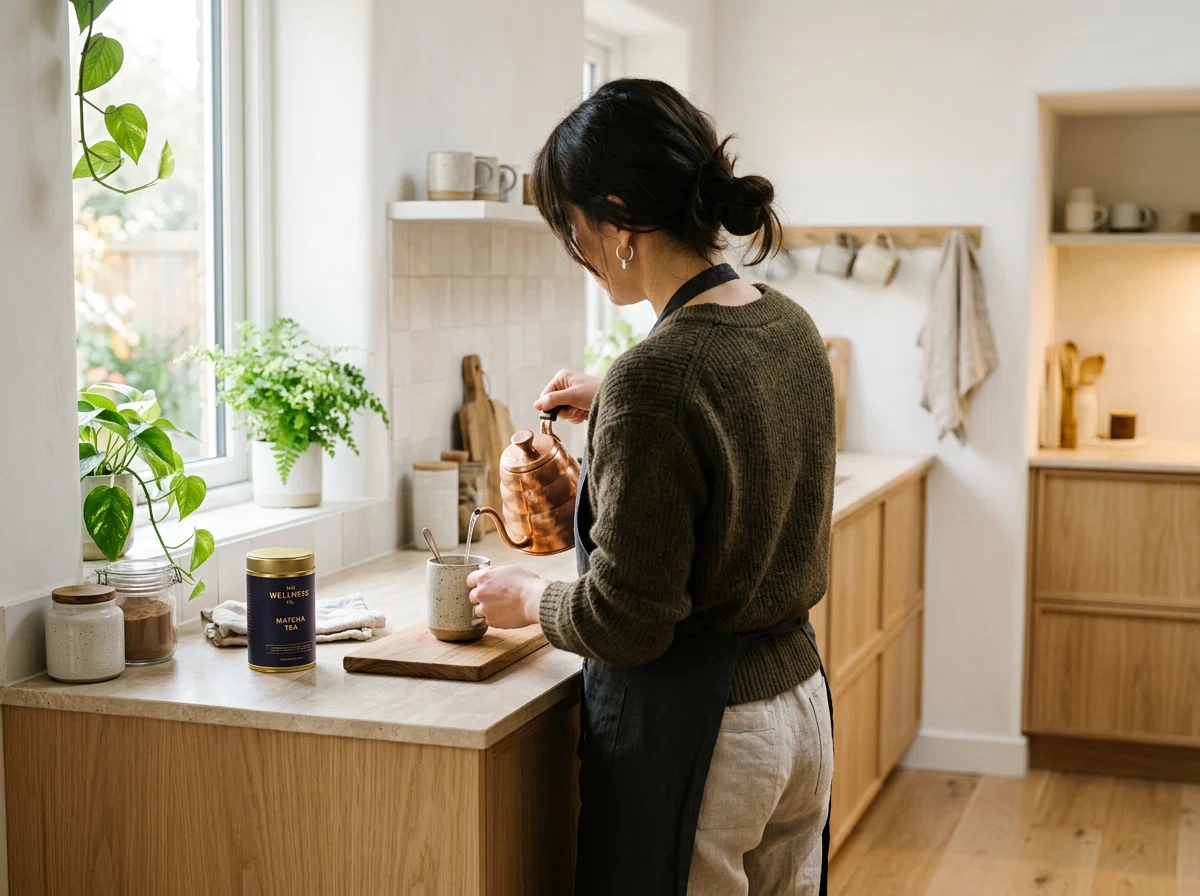 Person preparing a warm drink in a bright morning kitchen